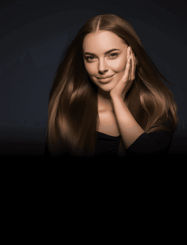 A woman is happy with her Hair Exosome treatment from LenoyMED, which showcases her long brown hair: Mobile cover image