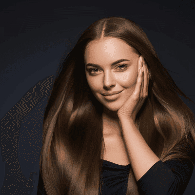 A woman is happy with her Hair Exosome treatment from LenoyMED, which showcases her long brown hair: thumbnail